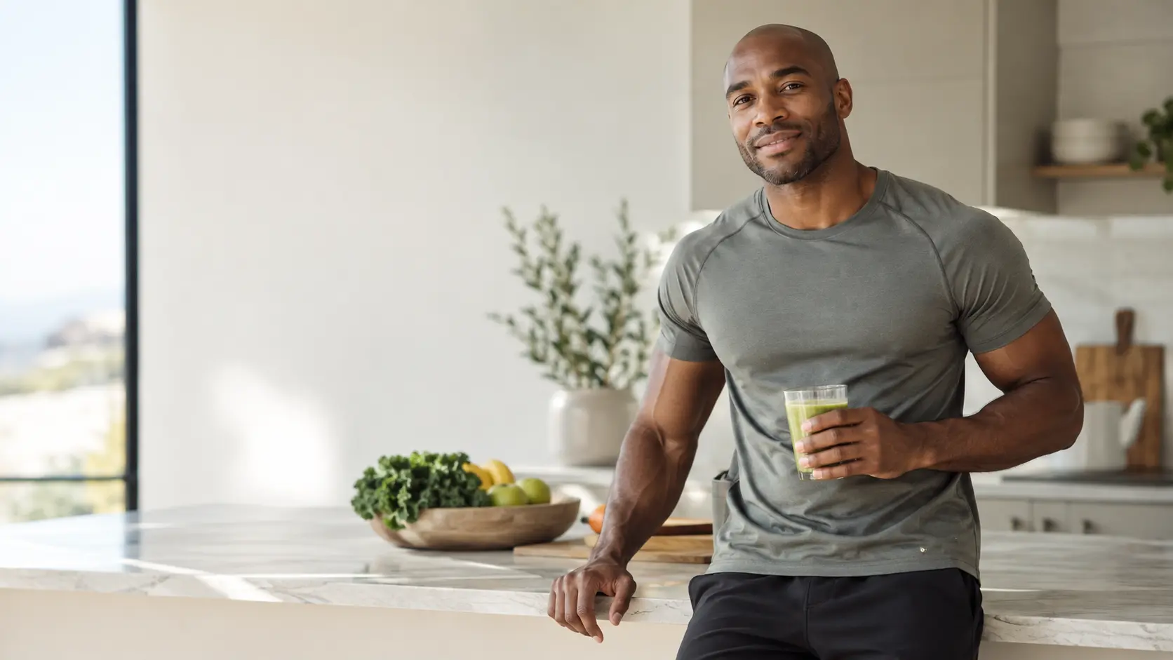 Deportista negro sonriente en una cocina luminosa con un batido saludable.