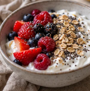 Imagen generada con IA de Yogur con avena y frutos rojos