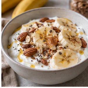 Imagen generada con IA de Yogur con plátano y almendras