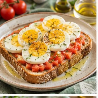 Imagen generada con IA de Tostada integral de tomate con huevo cocido