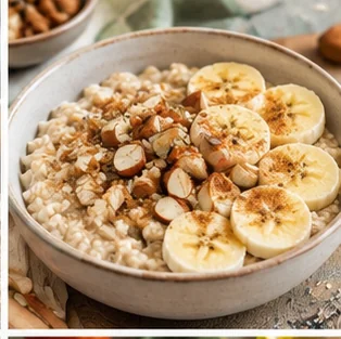 Imagen generada con IA de Avena crujiente con plátano y almendras